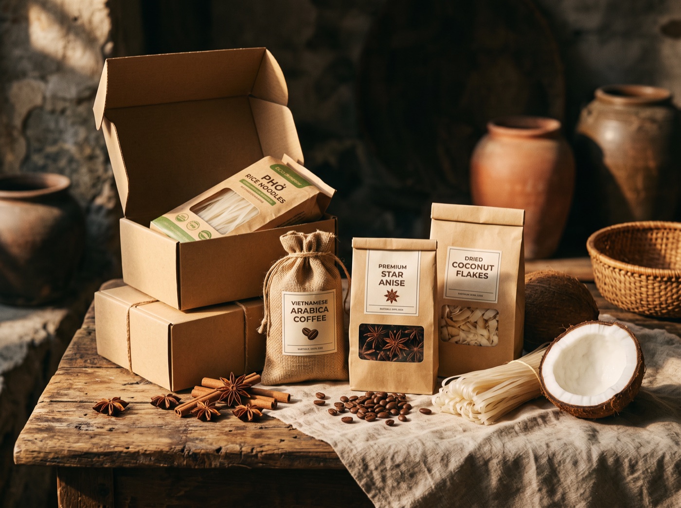 Premium Vietnamese wholesale goods, kraft cartons and packaged pho rice noodles, Arabica coffee, star anise and coconut flakes styled with raw ingredients on worn wood and linen