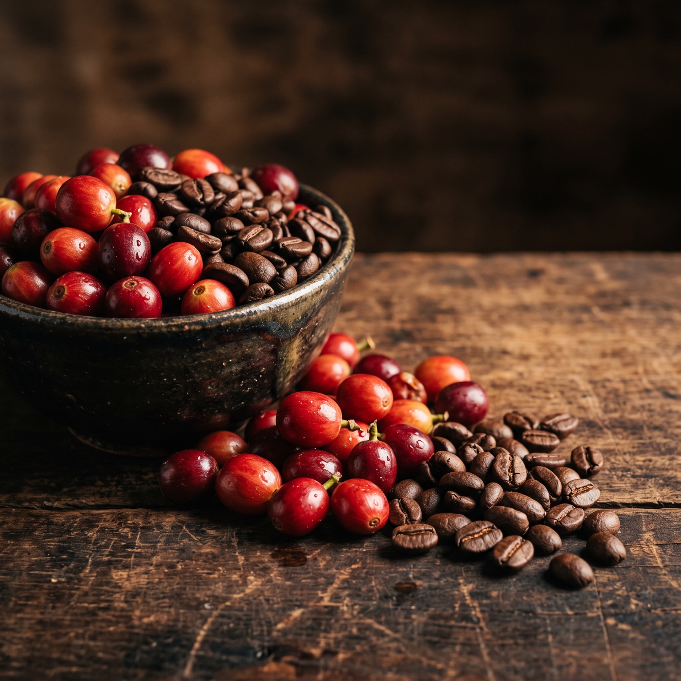 Vietnamese coffee cherries and roasted robusta beans in a handmade dark ceramic bowl, warm directional light, premium single-origin provenance