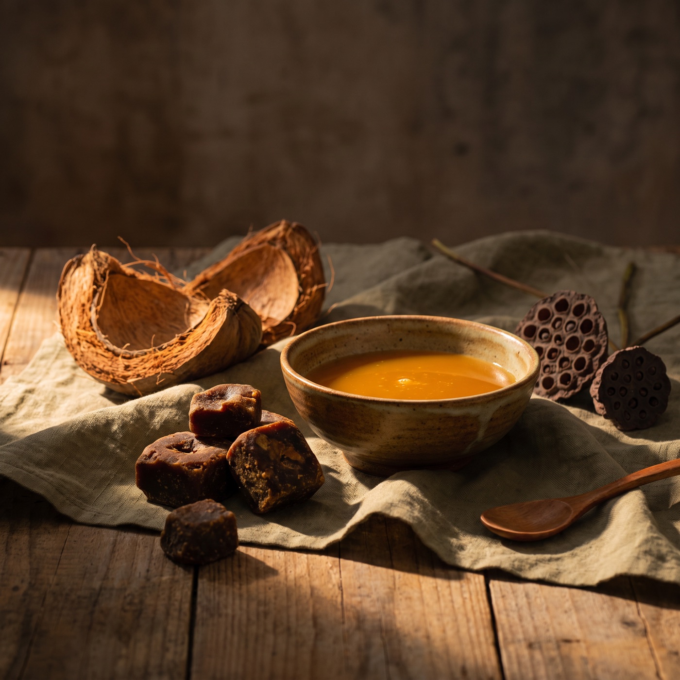 Blocks of palm sugar with golden nectar, coconut and lotus on linen, premium Vietnamese provenance