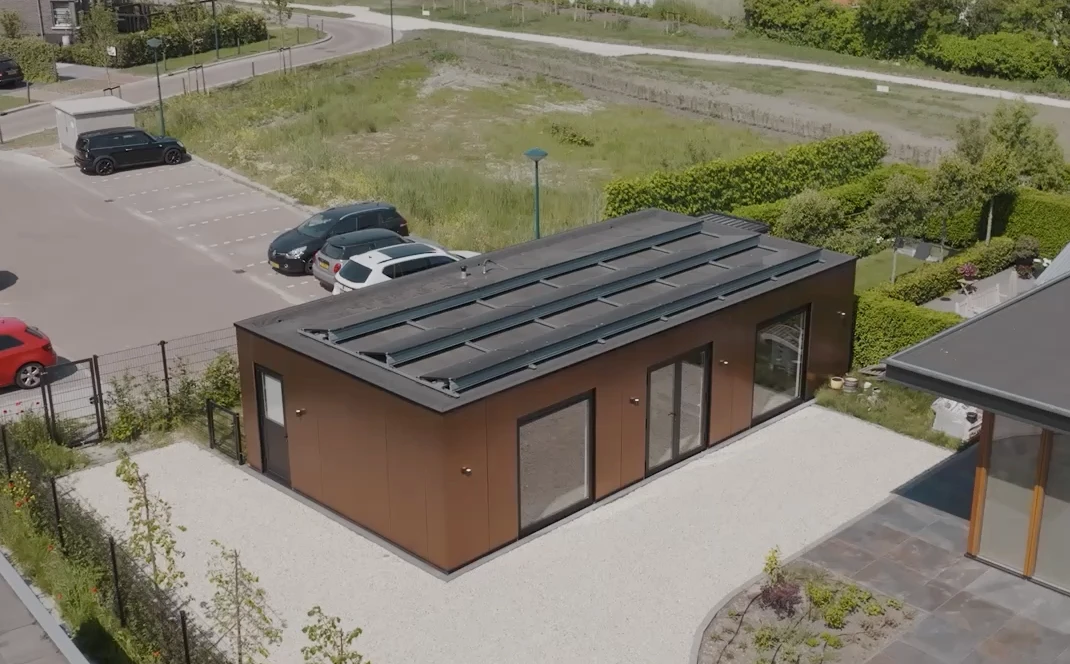 Aerial view of the Miss Linh office with solar panels on the roof